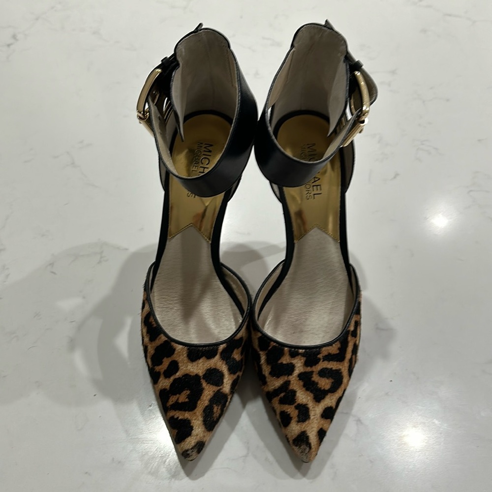 Michael Michael Kors Animal Print/Black Ankle. Strap Stilettos